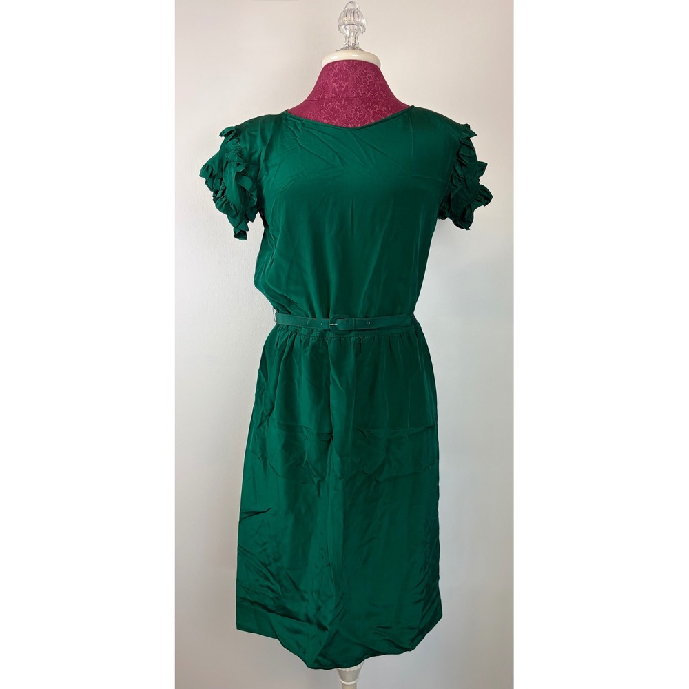 Maggy London Silk Midi Dress 6 Emerald Green Vintage Ruffle Sleeve Belted Retro